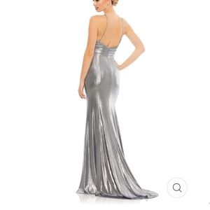 Mac Duggal METALLIC FAUX WRAP SPAGHETTI STRAP GOWN